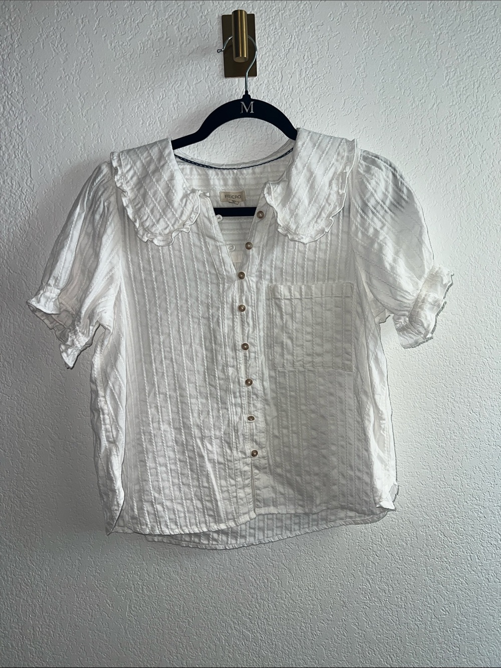Pilcro White Pintuck Button-Up Blouse with Scalloped Collar